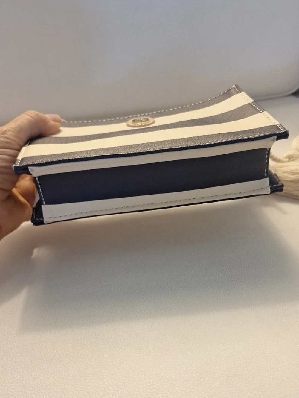 Gorgeous Spartina Striped Navy and White Leather Wristlet Pouch with Tassel